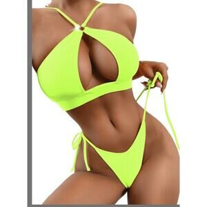 Sexy Bikini Cutout Keyhole Backless side tie High Cut Neon Yellow Small